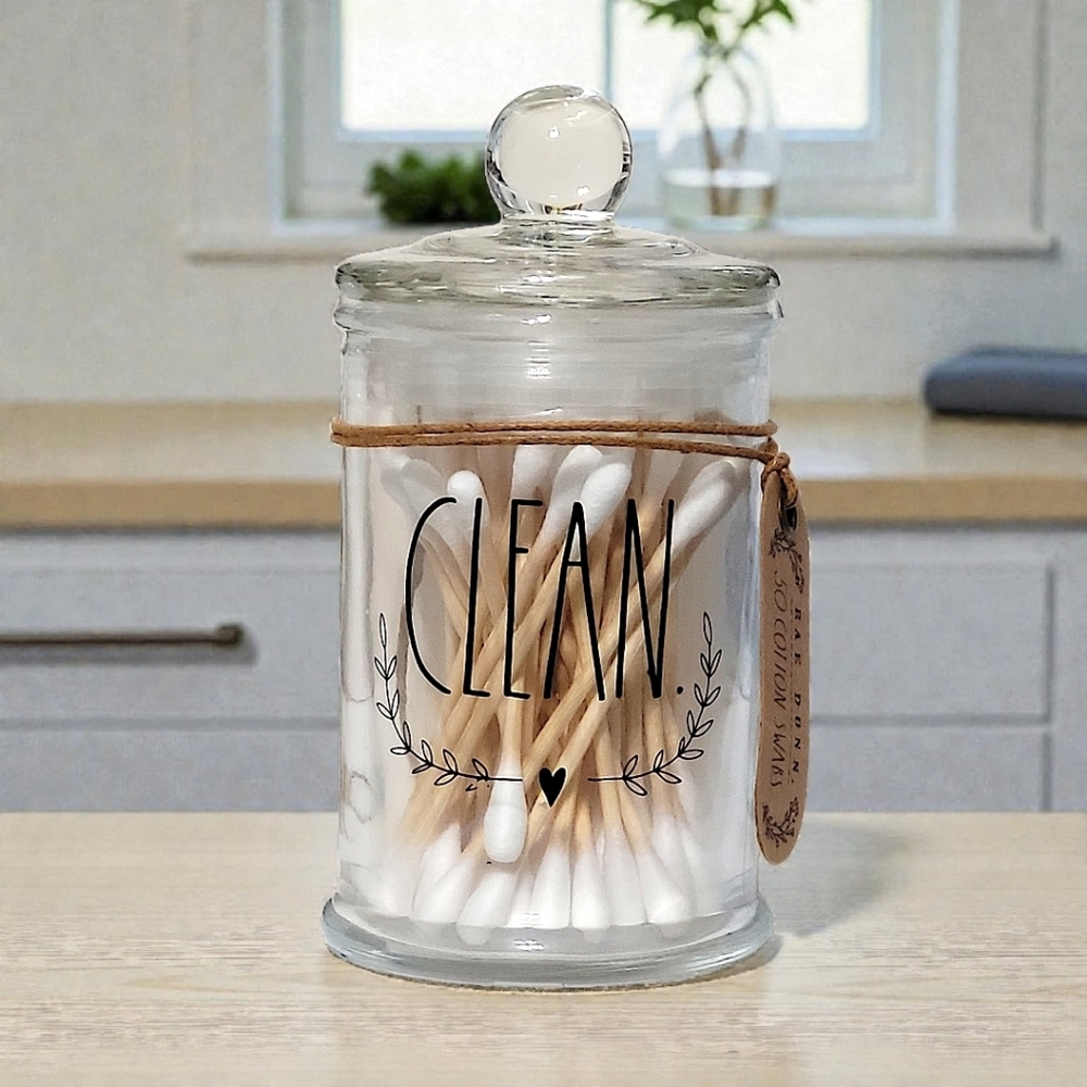 Rae Dunn CLEAN Clear Glass Jar with 50 Count Cotton Swabs